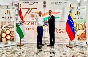 Amb. Abhishek Singh received today at the Embassy Dr. Rafael Miranda from Venezuela, who is going to participate in the International Conference on Latin America, the Caribbean and India organized jointly by ICCR and IIC in Delhi during 20-22 February.